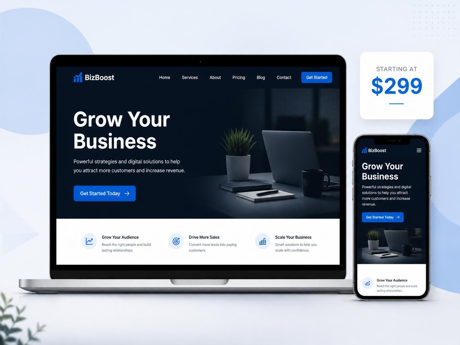 Cheap website USA preview — professional small business site shown on laptop and mobile, starting at $299